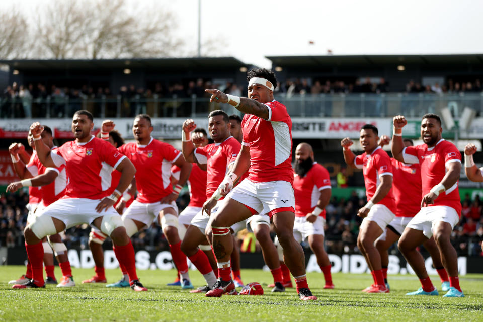 HAMILTON, NEW ZEALAND - SEPTEMBER 07: Siale Piutau of Tonga leads the Sipi Tau ahead of the rugby Test Match between the New Zealand All Blacks and Tonga at FMG Stadium on September 07, 2019 in Hamilton, New Zealand. (Photo by Hannah Peters/Getty Images)