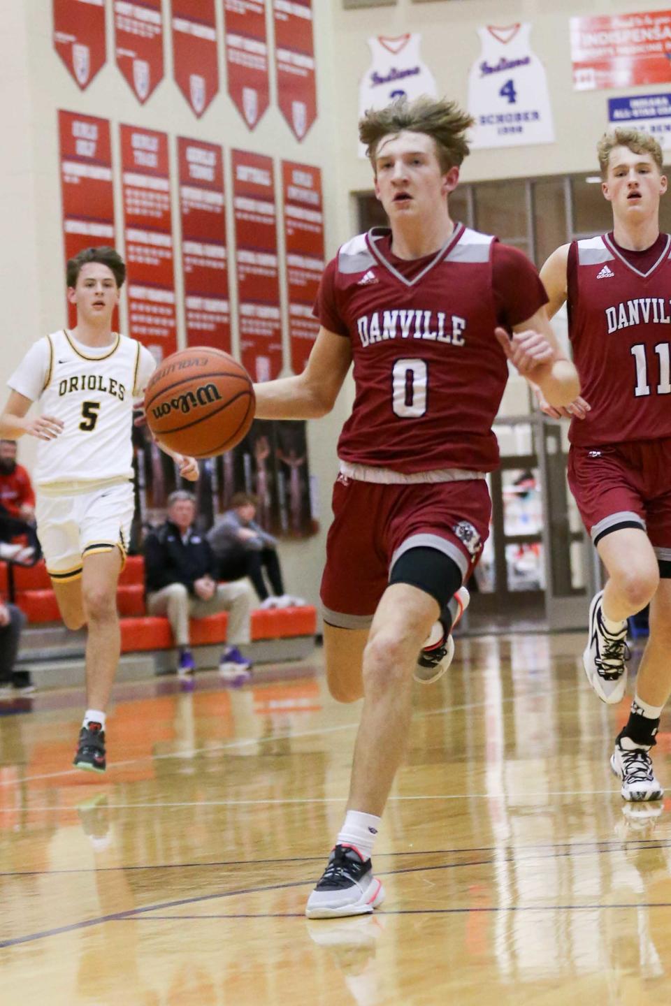 Danville High School Caden Collins (0) brings the ball down court as Avon vs Danville at the boys basketball Hendricks County semifinals at Plainfield High School, Jan 6, 2022; Plainfield, IN. Gary Brockman- For The Indianapolis Star