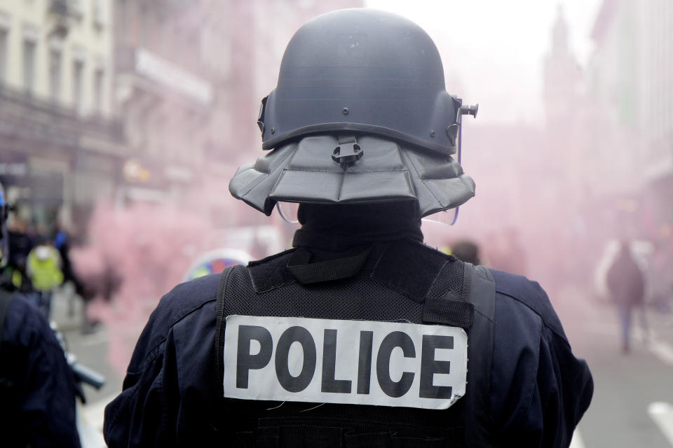 FILE - Police officer stand during a demonstration on March 28, 2023 in Lille, northern France. French authorities see the police as protectors ensuring that citizens can peacefully protest President Emmanuel Macron’s contentious retirement age increase. But to human rights advocates and demonstrators who were clubbed or tear-gassed, officers have overstepped their mission. (AP Photo/Michel Spingler, File)