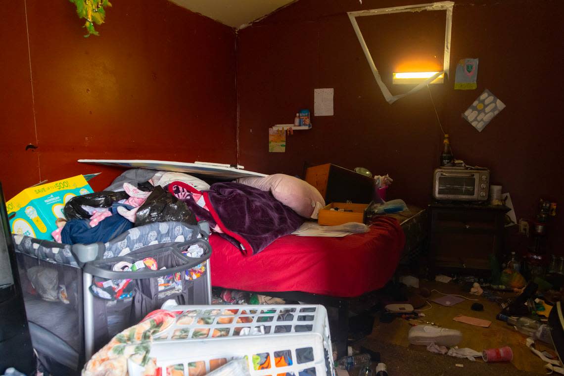 Inside of the shed identified as the last known residence of Noel Rodriguez-Alvarez, 6, built behind a home in Everman, Texas, on Tuesday, March 28, 2023. Noel has not been seen since November, and police thoroughly searched the home during their investigation. Madeleine Cook/mcook@star-telegram.com