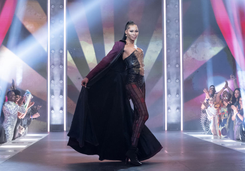 This image released by HBO Max shows Dominique Jackson from the series "Legendary." The series lifts the veil off the underground world of ballroom culture, in which historically black and Latino LGBT youths compete in elaborate performances on a runway. (HBO Max via AP)