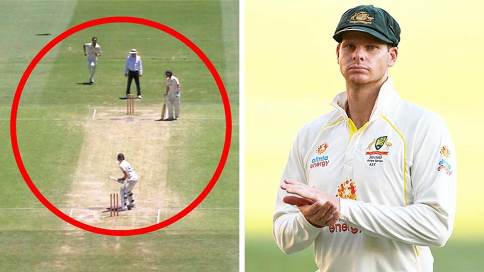 Australian bowler bowling to England at the Gabba (pictured left) and Steve Smith clapping (pictured right).