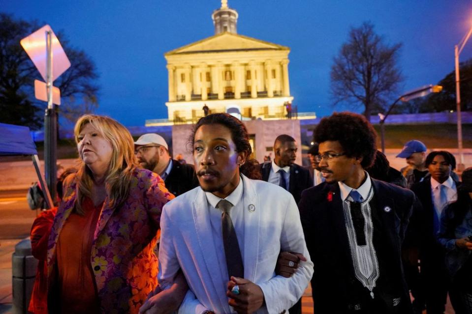 Rep. Gloria Johnson, Rep. Justin Jones, Rep. Justin Pearson leave the Tennessee State Capitol after a vote at the Tennessee House of Representatives to expel two Democratic members for their roles in a gun control demonstration at the statehouse last week, in Nashville, Tenn., on April 6.<span class="copyright">Cheney Orr—Reuters</span>