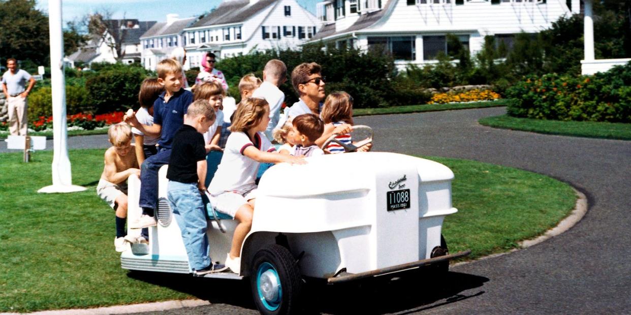 mf86kt kn c23540 03 september 1962 weekend at hyannis port president kennedy drives nieces and nephews in golf cart please credit robert knudsen, white housejohn fitzgerald kennedy library, boston