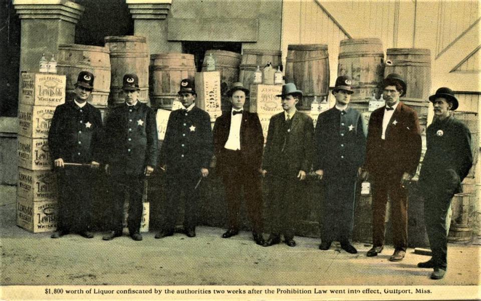 Mississippi had enforced state prohibition 10 years before the 18th Amendment created National Prohibition. Coast law enforcers were mixed about enforcement, but not in Gulfport where this postcard boasts a huge booze haul just two weeks after the 18th Amendment passed.