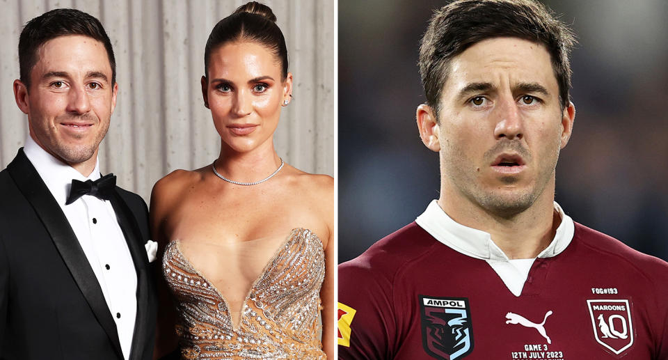 Pictured left is Maroons Origin star Ben Hunt and his wife.