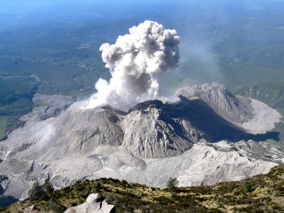 Bird's-eye view of one of the hourly eruptions at Santiaguito in Guatemala.