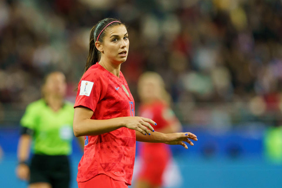 REIMS, FRANCE - JUNE 11: Alex Morgan of USA looks on during the 2019 FIFA Women's World Cup France group F match between USA and Thailand at Stade Auguste Delaune on June 11, 2019 in Reims, France. (Photo by TF-Images/Getty Images)