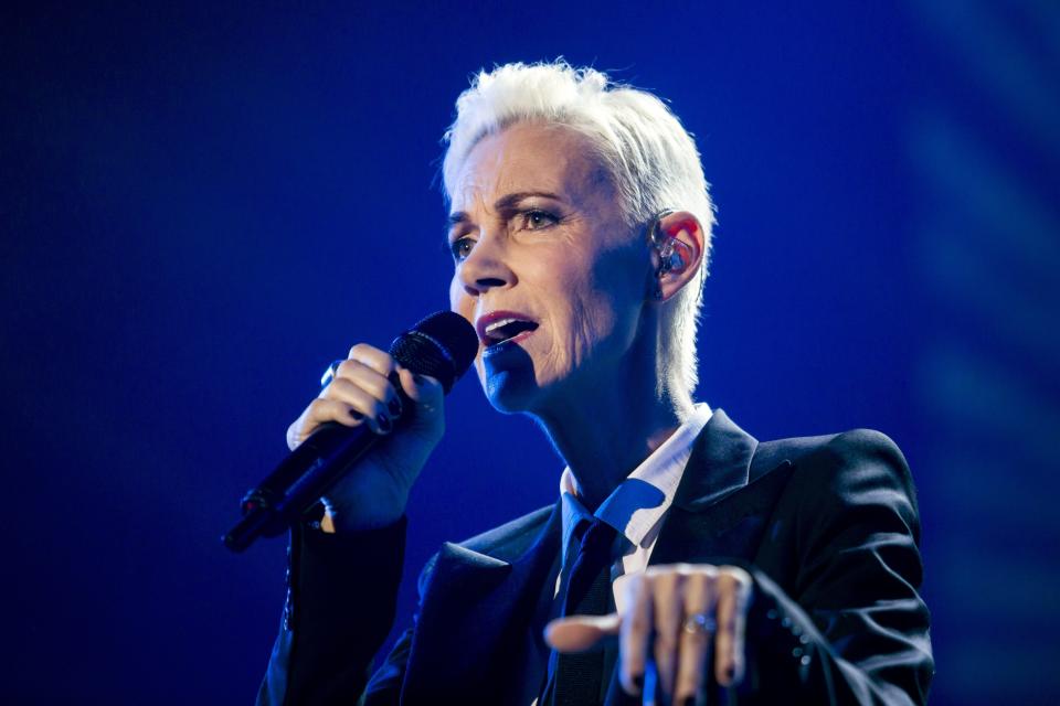 Marie Fredriksson, of the Swedish pop-rock band Roxette sings, during a show, at Papp Laszlo Budapest Sports Arena, in Budapest, Hungary, Tuesday, May 19, 2015. (Balazs Mohai/MTI, via AP)