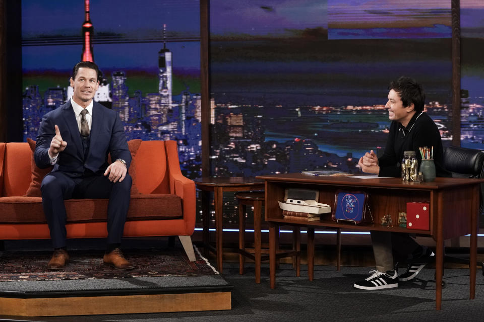THE TONIGHT SHOW STARRING JIMMY FALLON -- Episode 1327A -- Pictured: (l-r) Actor John Cena during an interview with host Jimmy Fallon on September 29, 2020 -- (Photo by: Andrew Lipovsky/NBC/NBCU Photo Bank via Getty Images)