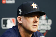 Houston Astros manager AJ Hinch speaks during a news conference for baseball's World Series Monday, Oct. 21, 2019, in Houston. The Houston Astros face the Washington Nationals in Game 1 on Tuesday. (AP Photo/Eric Gay)
