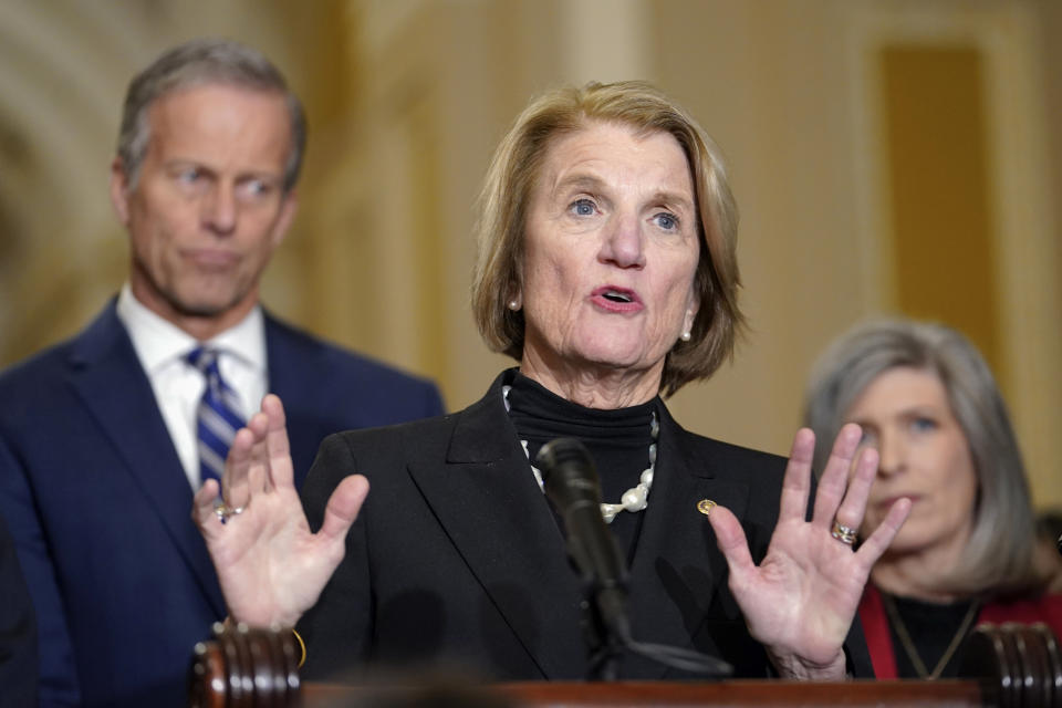 Sens Shelley Moore Capito, R-W.Va., speaks as Sen. John Thune, R-S.D., and Sen. Joni Ernst, R-Iowa, listen Wednesday, March 15, 2023, on Capitol Hill in Washington. (AP Photo/Mariam Zuhaib)