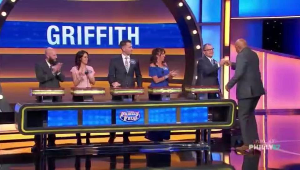 The Griffith family from Pike Creek with host Steve Harvey on "Family Feud" Wednesday night.