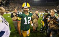 Green Bay Packers quarterback Aaron Rodgers (12) as he leaves the field following the game against the Seattle Seahawks at Lambeau Field. Packers won 27-17. Sep 20, 2015; Green Bay, WI, USA. Ray Carlin-USA TODAY Sports