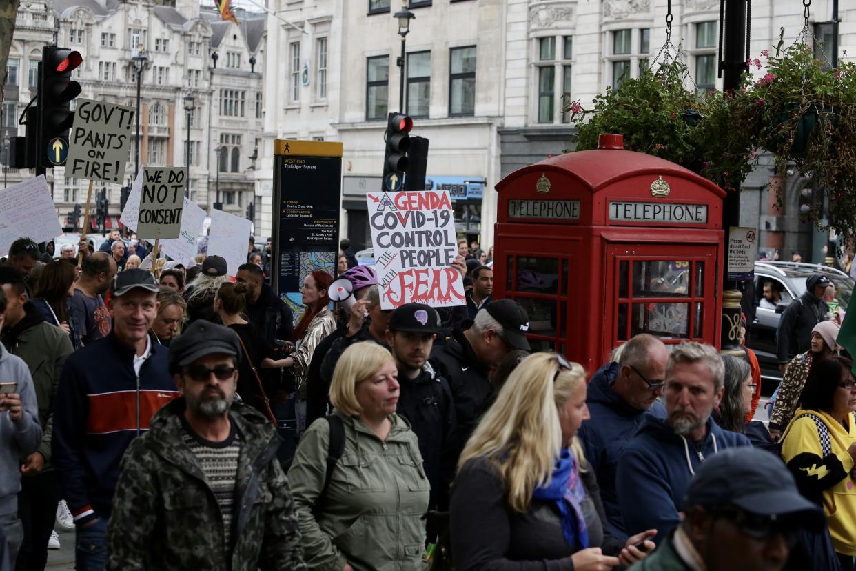 LONDON, UNITED KINGDOM - SEPTEMBER 26: Members of StandUpX, a community of people protesting vaccination and the novel coronavirus (COVID-19) measures, gather despite bans on bulk demonstrations due to the coronavirus, in London, United Kingdom on September 26, 2020. They attended a mass rally against wearing masks, taking test and government restrictions imposed to fight the spread of coronavirus pandemic. (Photo by Hasan Esen/Anadolu Agency via Getty Images)