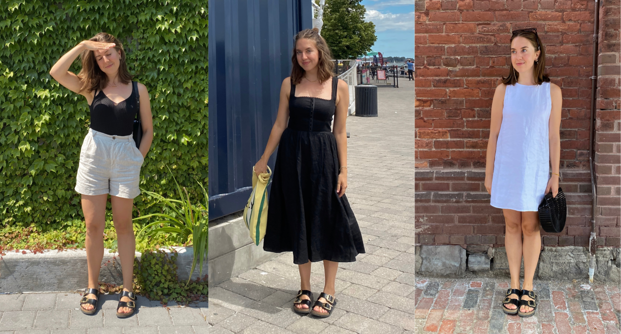 brunette girl wearing reformation linen shorts and black tank top, black reformation dress and birkenstock sandals, white linen mini dress and birkenstock sandals