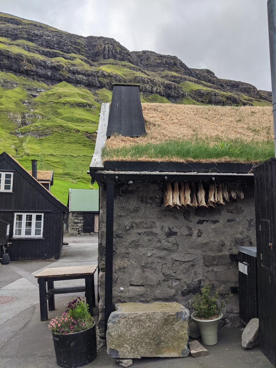 The stone side of the tiny home with grass on the roof