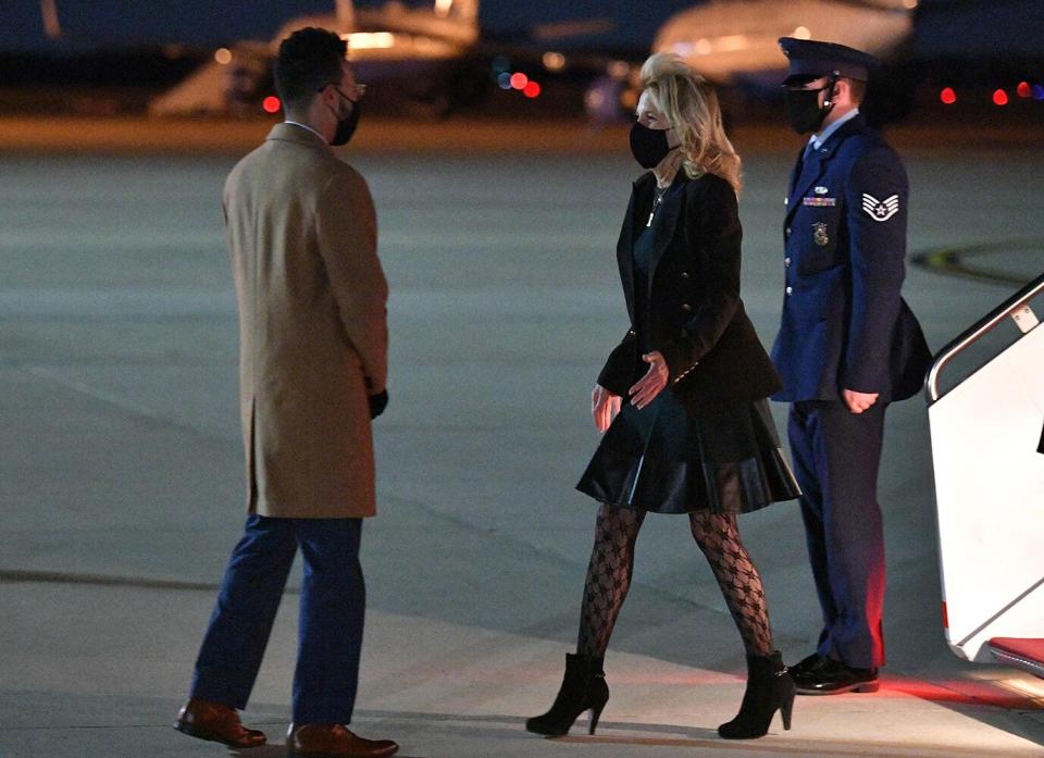 US First Lady Jill Biden deplanes upon arrival at Andrews Air Force Base in Maryland on April 1, 2021.