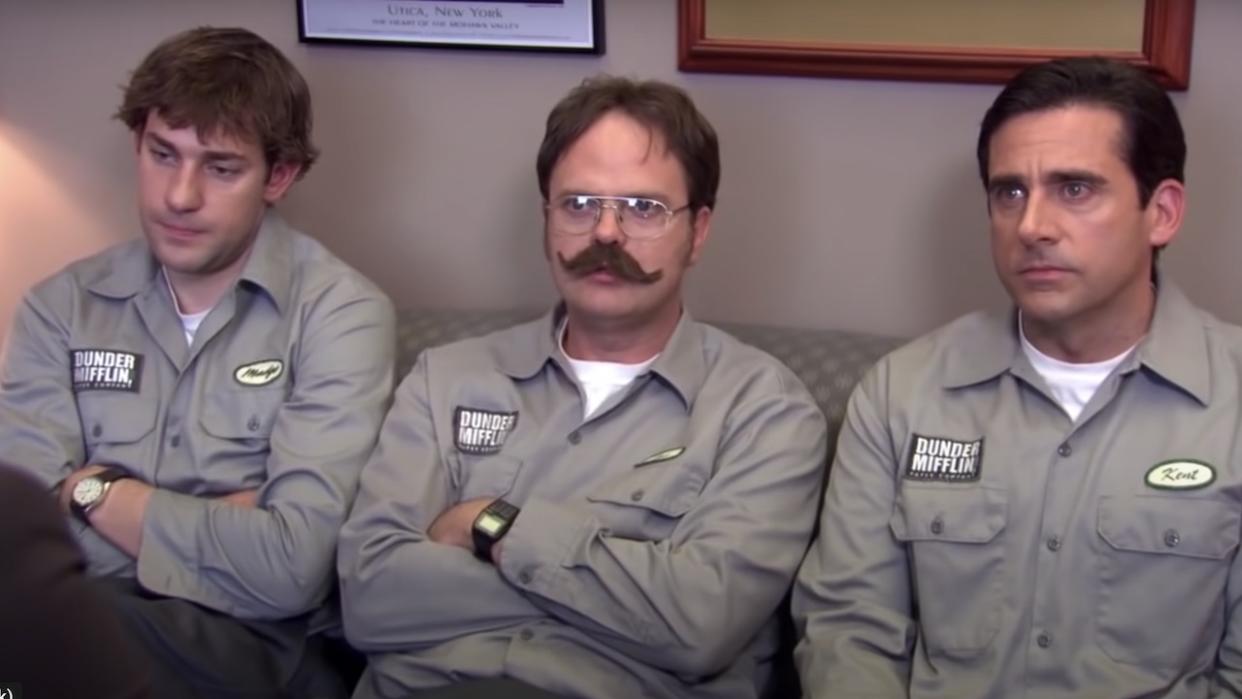  Jim, Dwight and Michael wearing warehouse disguises in The Office. 