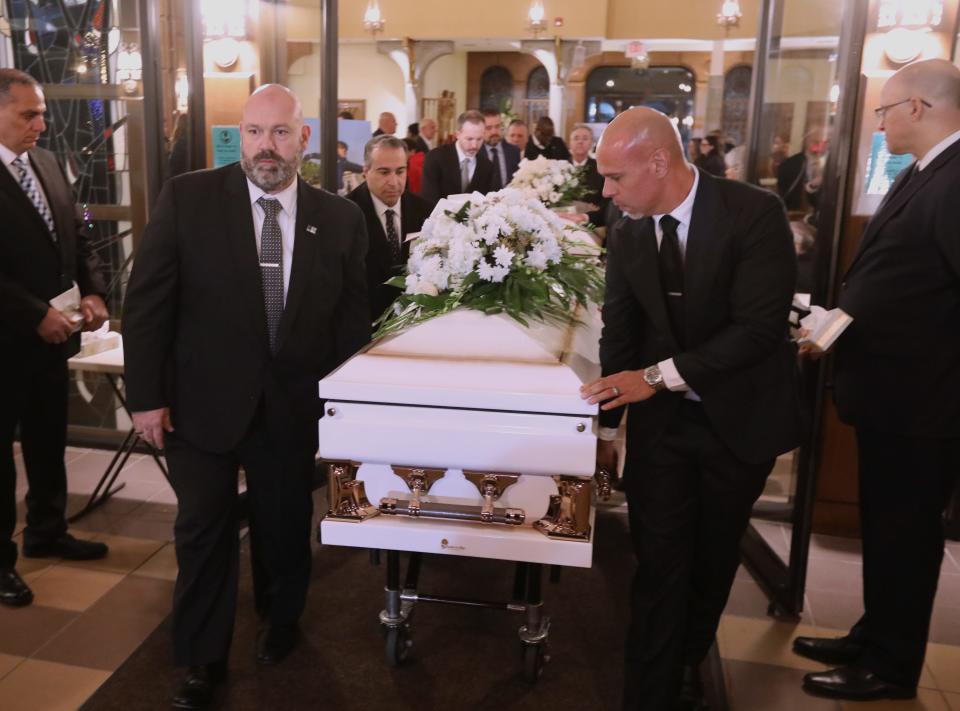 The caskets are carried out after the wake for Ornela Morgan and her sons Gabriel, 12, and Liam, 10, at St. Francis of Assisi Church in West Nyack Jan. 11, 2024.