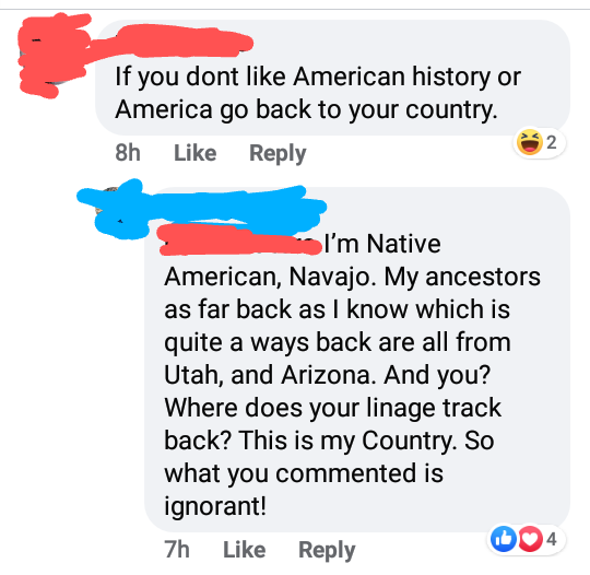 Person tells a Native American to go back to their country