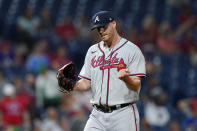 Atlanta Braves pitcher Will Smith reacts after the Braves won a baseball game against the Philadelphia Phillies, Wednesday, June 29, 2022, in Philadelphia. (AP Photo/Matt Slocum)