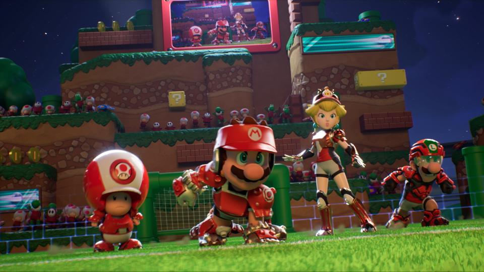 Mario, Luigi, Toad and Princess Peach team up in Mario Strikers: Battle League for the Nintendo Switch.
