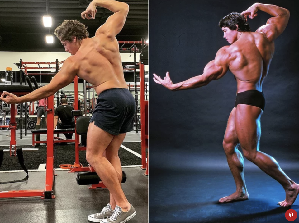 Joseph Baena and Arnold Schwarzenegger in similar poses. (Photo: Joseph Baena/Instagram; Jack Mitchell/Getty)