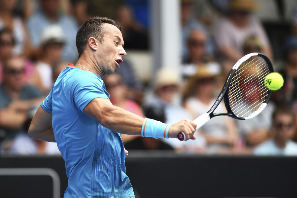 Philipp Kohlschreiber from Germany returns a shot against Tennys Sandgren from the U.S. during their semifinal match of the ASB Classic Mens tennis tournament in Auckland, New Zealand, Friday, Jan 11, 2019. (AP Photo/Chris Symes)