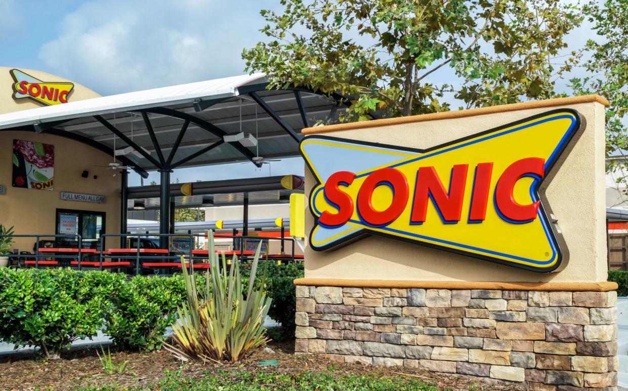Costa Mesa, United States - October 17, 2015: Sonic Drive-In Restaurant exterior. Sonic Corp. is an American drive-in fast-food restaurant chain.