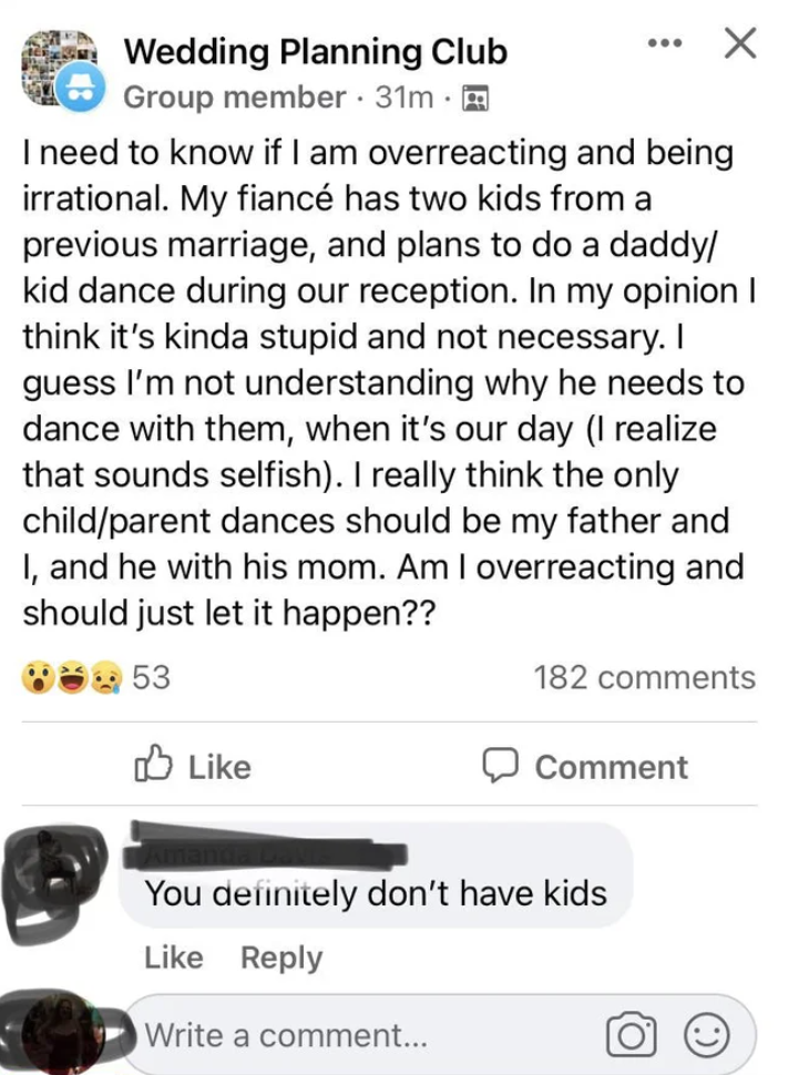 "I really think the only child/parent dances should be my father and I, and he with his mom."