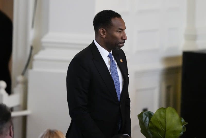 Atlanta Mayor Andre Dickens arrives for a tribute service for former first lady Rosalynn Carter at Glenn Memorial Church at Emory University on Tuesday. Pool Photo by Brynn Anderson/UPI