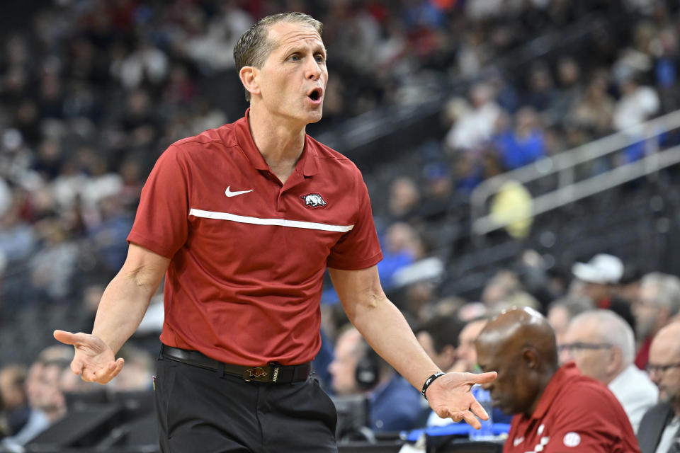Arkansas head coach Eric Musselman reacts in the first half of a Sweet 16 college basketball game against Arkansas in the West Regional of the NCAA Tournament, Thursday, March 23, 2023, in Las Vegas. (AP Photo/David Becker)