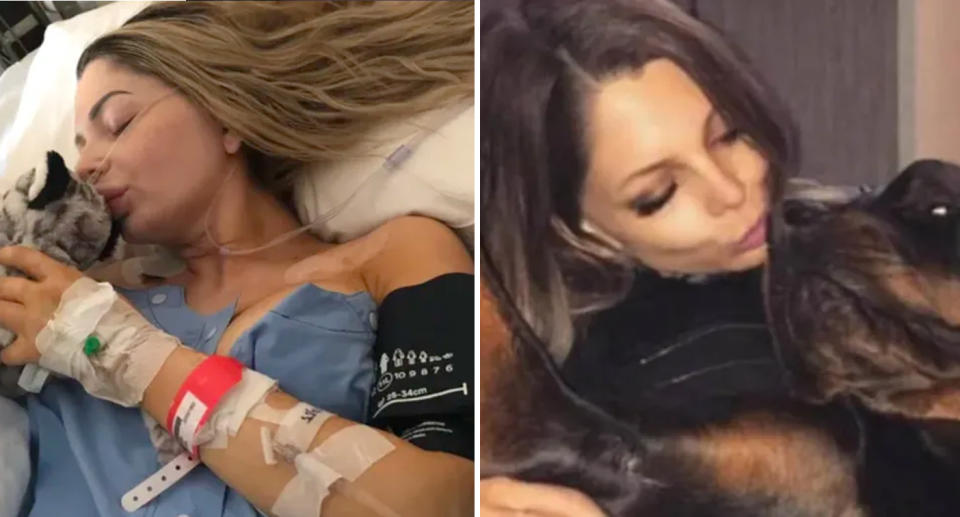 Nikita Piil in hospital (left) and her hugging one of her pet rottweilers. 