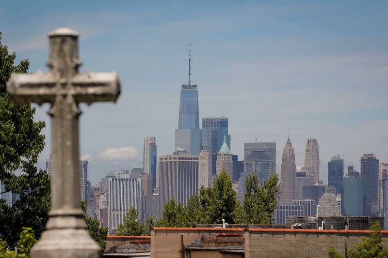 A view of One World Trade Center and lower Manhattan from The Green-Wood Cemetery, during the outbreak of the coronavirus disease (COVID-19) in Brooklyn, New York