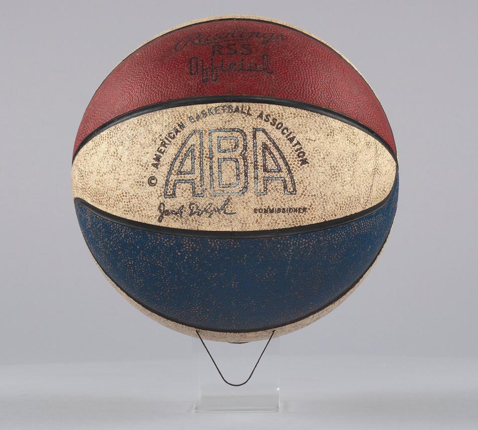 An ABA game-used red, white and blue basketball manufactured by Rawlings.
