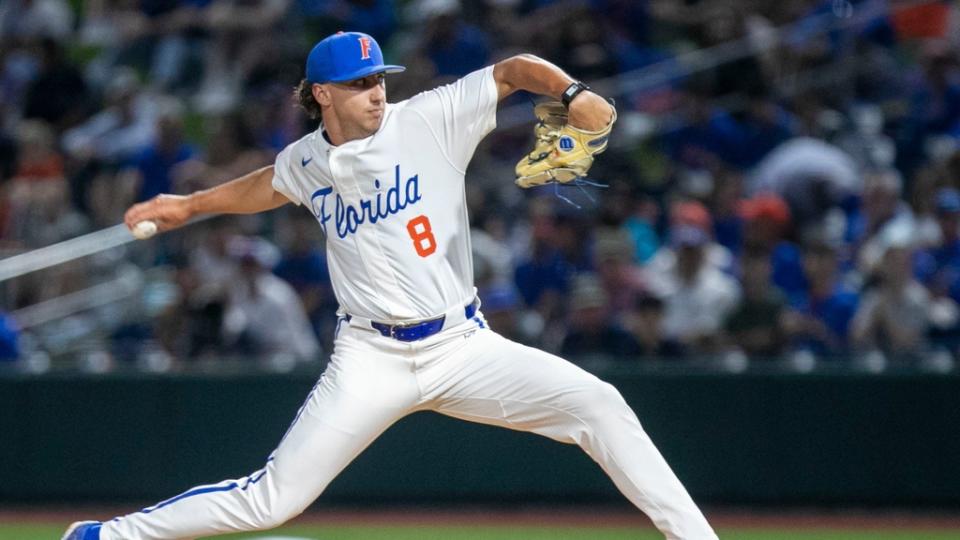 Gators pitcher Brandon Sproat (8) was the starter against South Carolina in Game 1 of NCAA Super Regionals, Friday, June 9, 2023, at Condron Family Ballpark in Gainesville, Florida