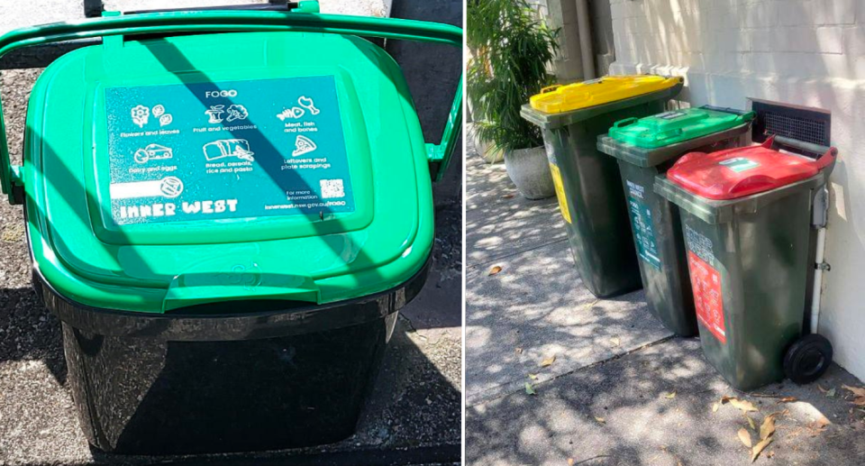 Left image is a close up of the small FOGO bin given to Inner West locals. Right image is of all coloured bins lined up against a wall on a street.