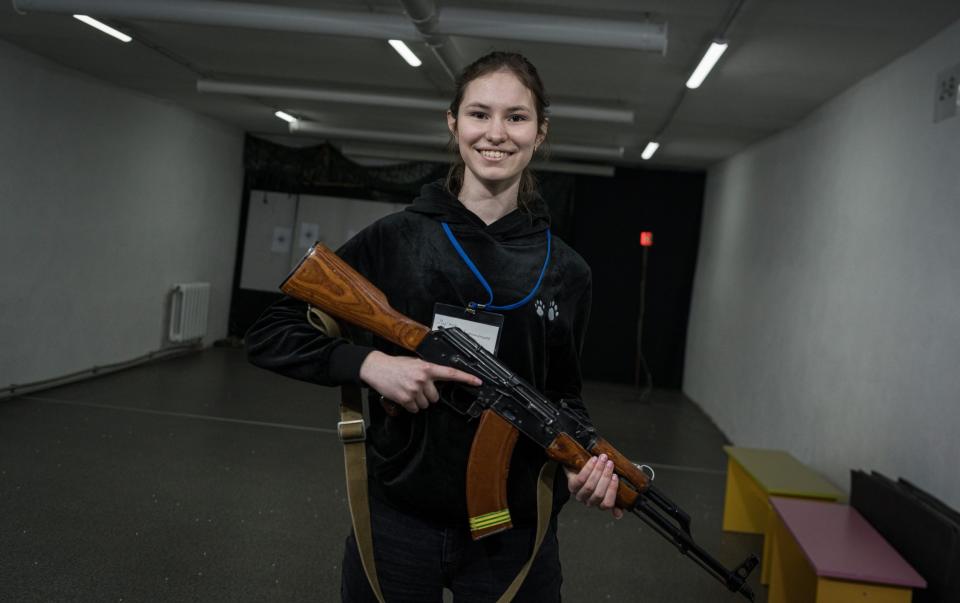 Military training for teenagers at a school in Lviv in which they learn first aid, piloting drones and shooting with military weapons