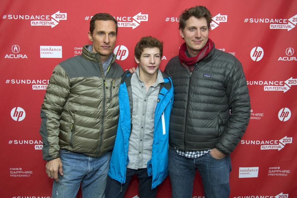 FILE - This Jan. 19, 2013 file photo shows director Jeff Nichols, right, with actors Matthew McConaughey, left, and Tye Sheridan at the premiere of their film, "Mud" during the 2013 Sundance Film Festival in Park City, Utah. In his latest, "Mud," Nichols takes another step upward in scale, fashioning a Mark Twain-esque Mississippi River tale with some big Hollywood names, including Matthew Mc Conaughey and Reese Witherspoon. (Photo by Danny Moloshok/Invision/AP, file)