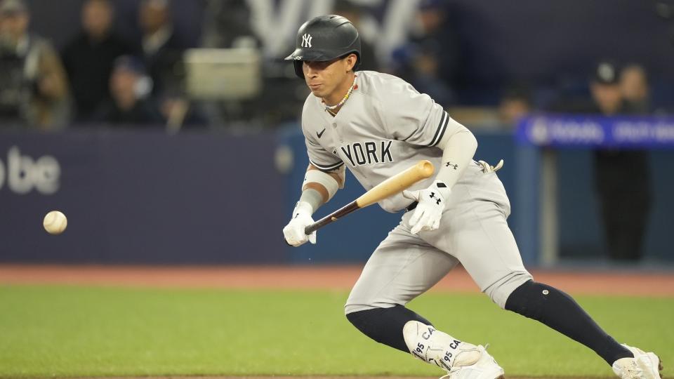Sep 28, 2023; Toronto, Ontario, CAN; New York Yankees left fielder Oswaldo Cabrera (95) goes to run out his bunt against the Toronto Blue Jays during the first inning at Rogers Centre.