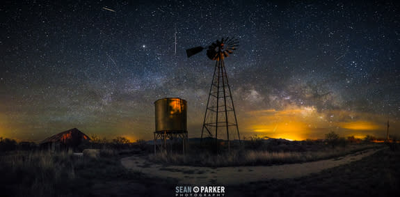 Multiple meteors streak through the night sky outside of Tucson, Arizona, during the yearly Lyrid meteor shower.