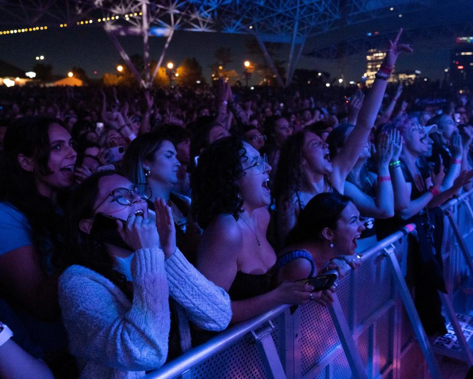 Fans cheer and sing-along as Phoebe Bridgers performs at the BMO Harris Pavilion on Friday, June 3, 2022 at the Henry Maier Festival Park in Milwaukee, Wis.