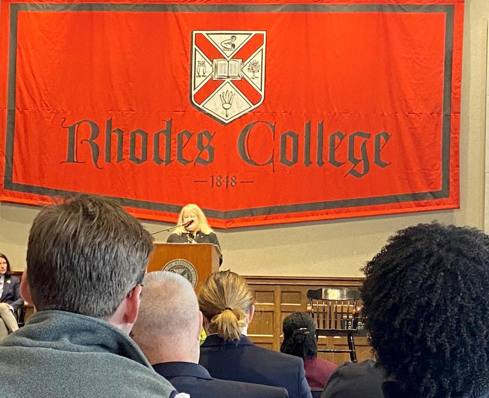 Jennifer Collins speaks after being announced at the next president of Rhodes Colege on Monday, Dec. 6, 2021, in Memphis, Tenn.