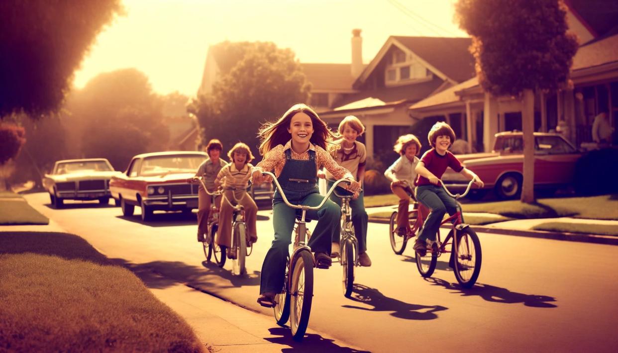 Image of a group of children riding their bikes without protective gear to show what previous generations were like