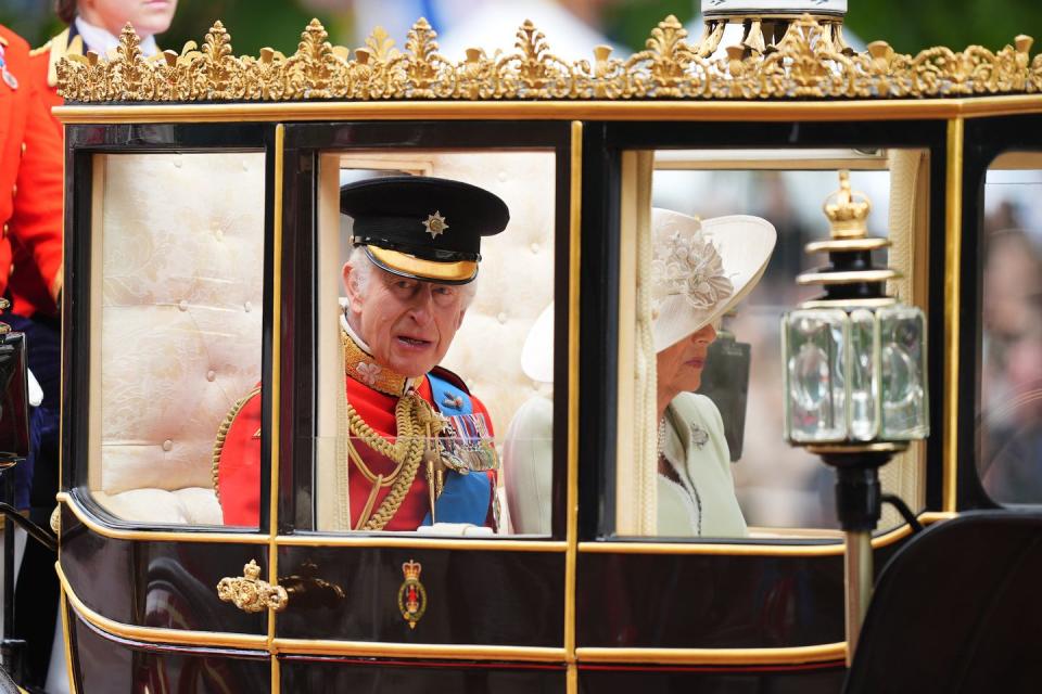 king charles iii and queen camilla travel along the mall to the trooping the colour ceremony at horse guards parade, central london, to celebrate king charles iii official birthday picture date saturday june 15, 2024 photo by james manningpa images via getty images