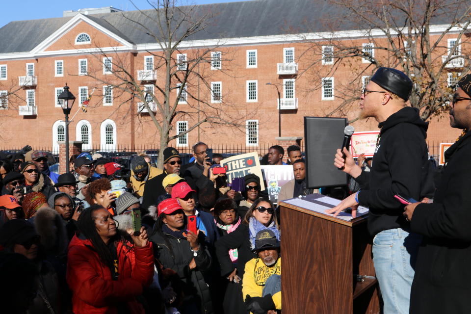 Chinedu Nwokeafor, an alumnus of Morgan State University, speaks during a rally in support of Maryland's four historically black colleges in Annapolis, Maryland, on Wednesday, Nov. 13, 2019. (AP Photo/Brian Witte)