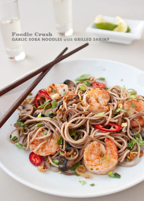 Get the <a href="http://www.foodiecrush.com/2012/03/craving-garlic-soba-noodles-with-grilled-shrimp/" target="_blank">Garlic Soba Noodles with Grilled Shrimp</a> recipe from FoodieCrush