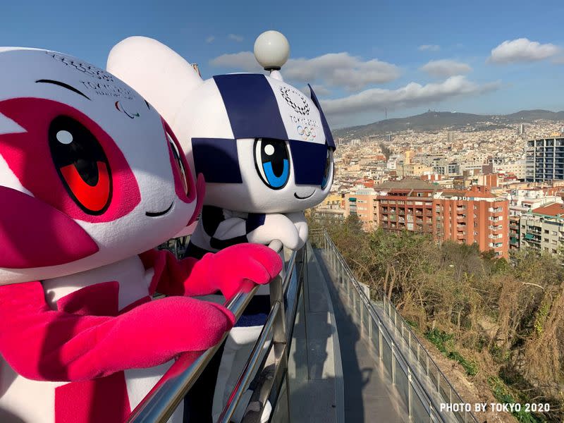 Tokyo 2020 Olympic Games mascot Miraitowa and Paralympic mascot Someity are pictured during their 'Make the Beat' tour in Barcelona