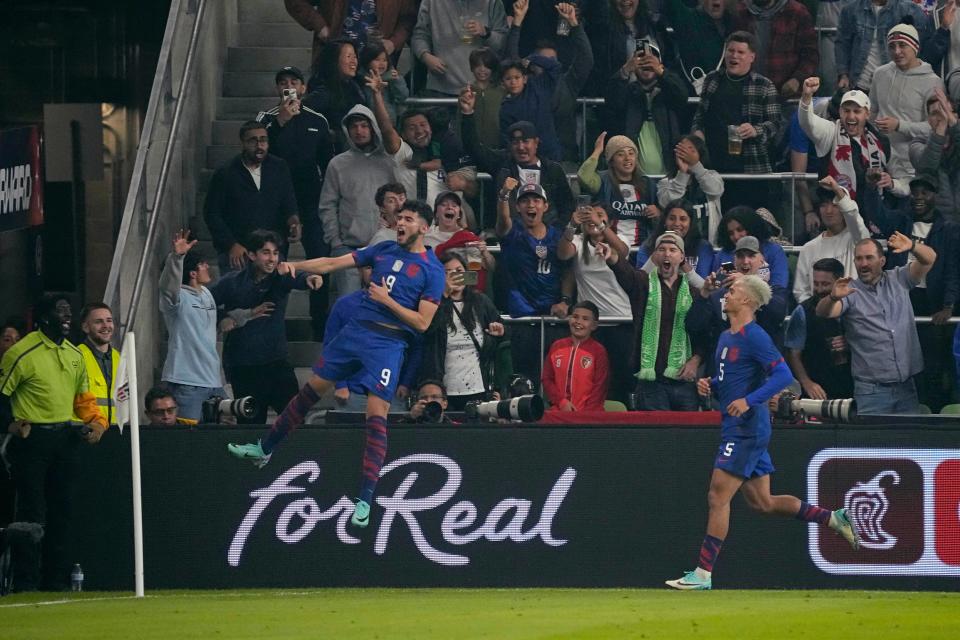 U.S. forward Ricardo Pepi leaps for joy after scoring a goal in the second half against Trinidad and Tobago in a CONCACAF quarterfinal Thursday night at Q2 Stadium.